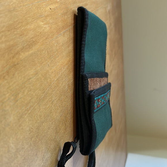 VTG 90s Hunter Green Canvas Suede Crossbody Purse Wallet Southwest Aztec 1990s - Picture 4 of 8